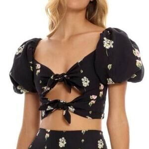 Agua Bendita Crop Top Moss Floral Print Front Tie Puff Sleeve